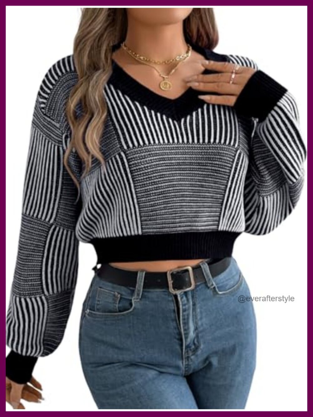 Women's Striped Cropped V-Neck Sweater Long Sleeve Ribbed Knit Lightweight